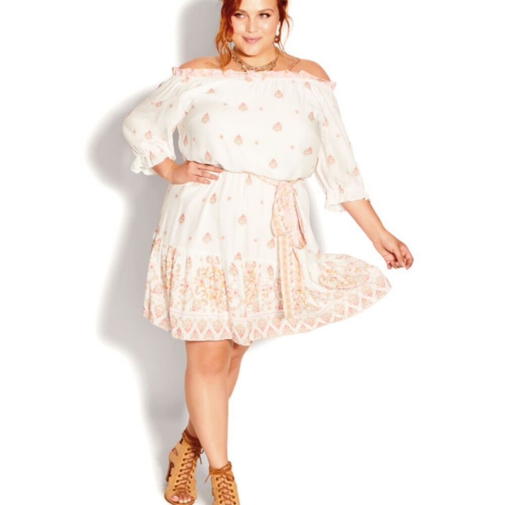 City Chic Summer Spirit White Off Shoulder Floral Dress - Size 12 NWT
